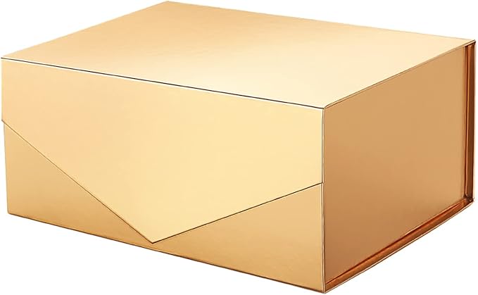 PACKHOME Christmas Gift Box 9x6.5x3.8 Inches, Rectangle Collapsible Box with Magnetic Lid for Xmas Gift Packaging (Glossy Gold)