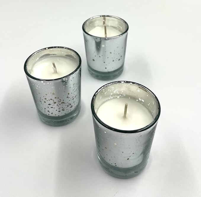 Mister Candle Unscented Silver Mercury Glass Votive Candles, 2" Filled Candle Jars for Centerpieces, Wedding Décor, Events, Home & Party Ambiance, Set of 12