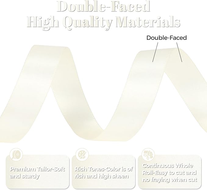 Ivory Satin Ribbon, Double Faced 5/8 Inch X 25 Yards Ivory Ribbon, Premium Satin Ribbon for Gift Wrapping, Crafts, Hair Bow Making, Sewing, Flower Bouquet, Wedding Party Decor