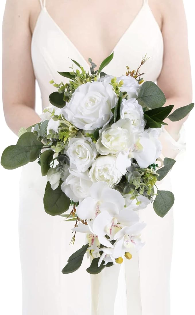 Artificial Bridal Bouquet, 11 Inch White Artificial Wedding Bouquets for Bride Bridal Bouquet Bridesmaid Bouquet Tossing Bouquet for Wedding Ceremony and Anniversary(White)