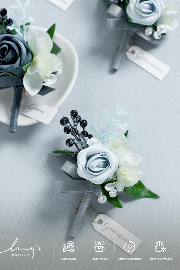 Ling's moment Boutonniere for Men, 6pcs Groom Groomsmen Boutonniere, Artificial Flowers for Wedding Decor/Prom/Homecoming, etc.Dusty Blue Light Blue