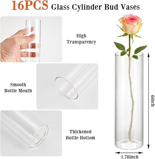 16 Pack 5.9" Tall x 1.8" Diameter Clear Glass Cylinder Vases - Multi-Use Flower Vase, Hurricane & Floating Candle Holders for Wedding Centerpieces, Home Decor, Table Displays