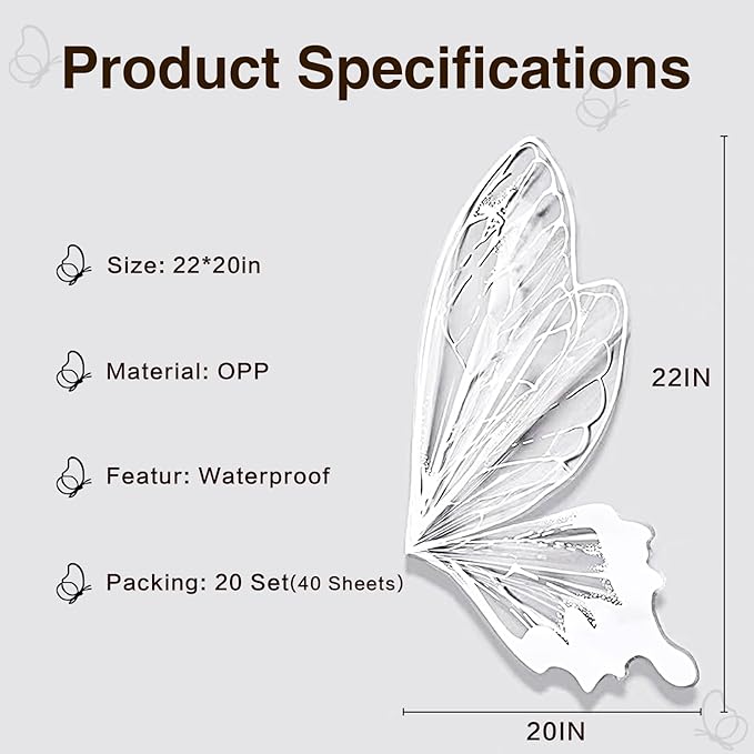 LLBWKC 20 Sets Butterfly Flower Wrapping Paper, Waterproof Butterfly Flower Bouquet Wrapping Paper, OPP Clear Floral Wraps for Florist Supplies, Gift Packaging, DIY Craft 20x22 in (White Butterfly)