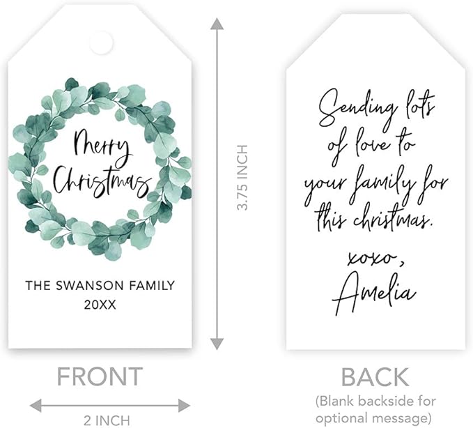 Andaz Press Personalized Christmas Holiday Season Classic Gift Tags, Merry Christmas Custom Family Name and Year, Eucalyptus Wreath Design, for Holiday Events, Parties, and Favors, 60-Pack