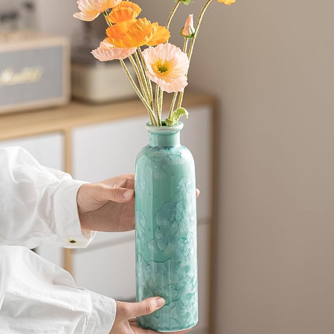 Modern Ceramic Vase Set of 3, Green Crystalline Glaze Colors, Decorative Bottles for Home, Farmhouse Rustic Decor (Crystalline Glaze Green)