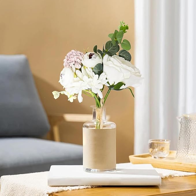Zerzsy Artificial White Peony Flower Bouquet with Green Leaves Stem, 4pcs Stems Silk Flowers Bouquet Fake Peonies Flower Arrangements Vase Decorating for Centerpiece Table Wedding Party Home