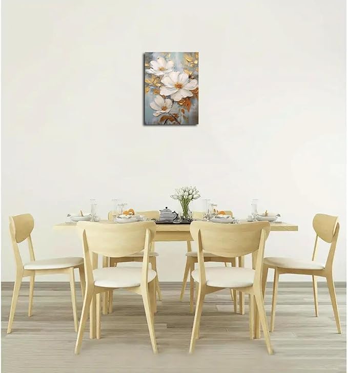 Abstract White Flower Painting Canvas Wall Art With Gold Leaf Canvas Framed Art Wall Decor White Elegant Flower Modern Print Wall Art for Living Room Bedroom Home Decoration 16x24 inch