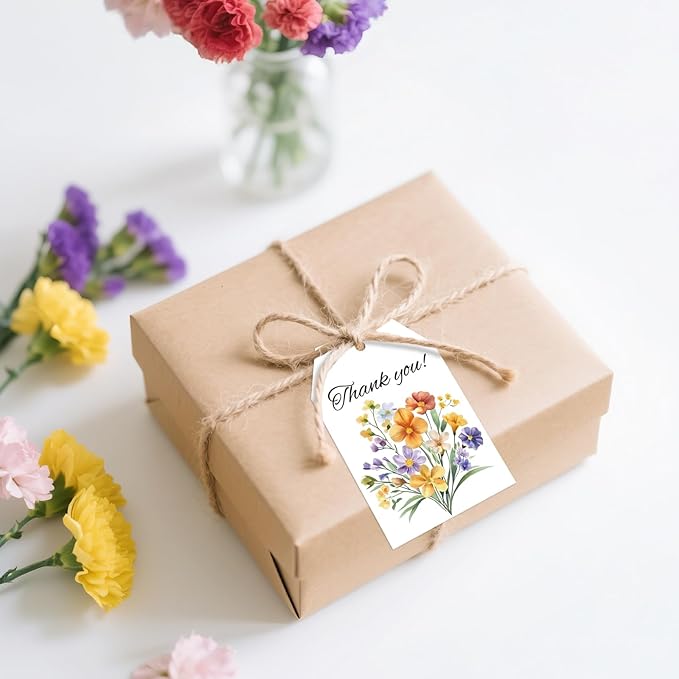 G2PLUS 50Pcs Thank You Tags - 3.3x2.2 in Floral Gift Tags with String, Thank You for Celebrating with Us Tag, White Paper Party Favors Hangtag for Wedding, Baby Shower, Bridal Shower, Birthday