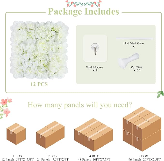 FUHSY Flower Wall Backdrop White Rose Wedding Backdrop 3D Floral Wall 12 PCS 15X15 Inch Artificial Flower Wall Panels Flower Photo Background for Bridal Shower Party Arrangement Event Decorations