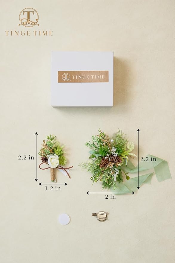 TINGE TIME Corsage and Boutonniere Set, Prom Flower Wrist Corsage Wristlet, Boutonniere for Men Wedding Flowers Accessories Prom Suit Decorations (White Ivory Greenery)
