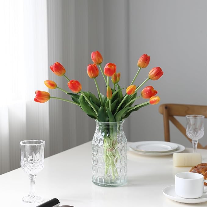 15 Pcs Orange Artificial Flowers Tulips Real Touch Latex Plastic Soft Faux Bouquets for Party, Wedding, Home, Room, Garden Decor
