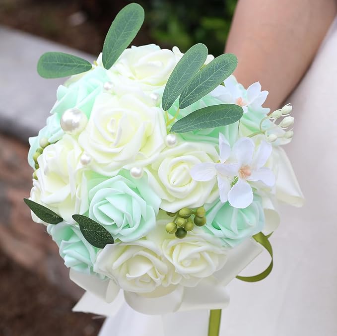 Lightweight Bridal Wedding Bouquet Round Holding Bouquet Throw Toss Artificial Rose Flower Bunch for Bride Bridesmaid Wedding Quinceanera (Cream & Light Cyan, 9.1")
