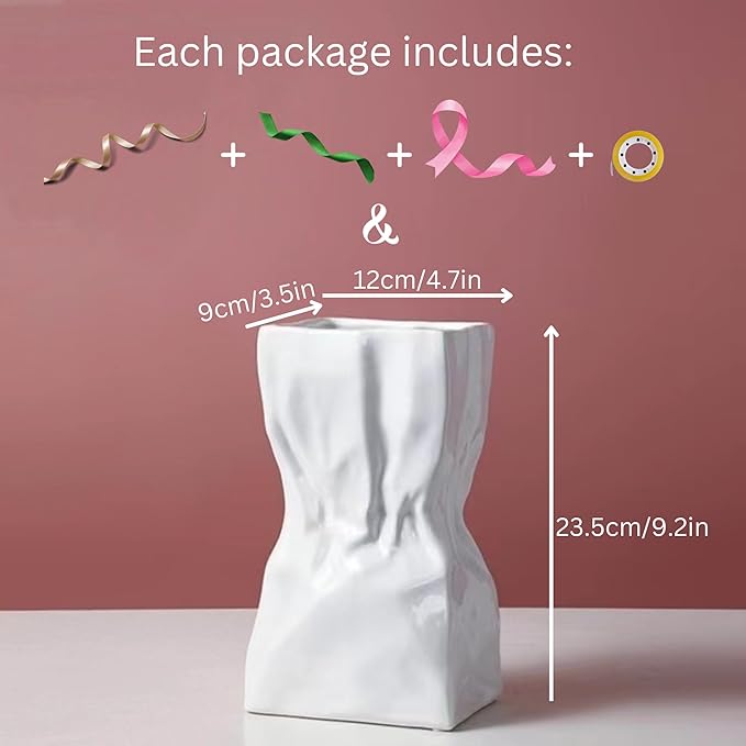 RyddeligHome Paper Bag Vase Ceramic Crinkle, Cool Vase for Flower Bouquet, Jarrones para Flores, Wide Big Flower Pot Living Room Entryway Table Decor