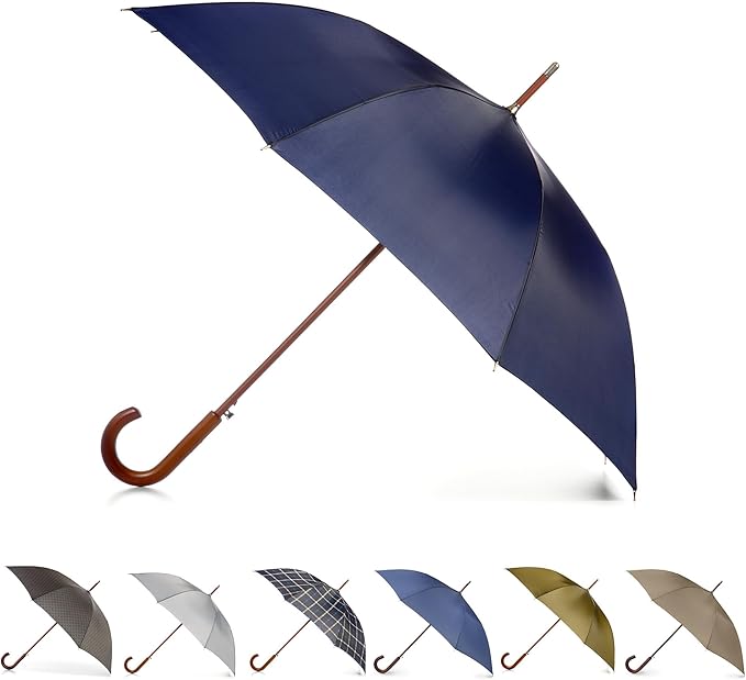 Totes Eco Auto Open Umbrella Classic Wooden J Stick Handle with Easy Grip - Windproof, Rainproof and Durable Canopy Design – Versatile Travel, Perfect for Rainy Days