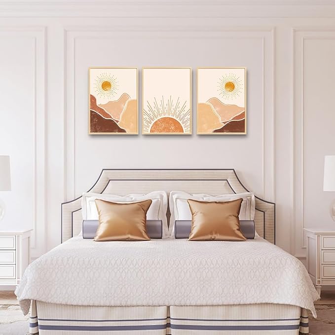 Natural Wood Framed Boho Wall Decor Living Room Canvas Wall Art For Bedroom Minimalist Abstract Mountain Sunshine Wall Painting Wall Decorations For Girl Room Office Wall Decor Pictures Home Decor