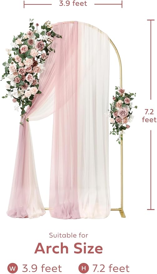 Ling's moment Wedding Arch Backdrop Stand with Flowers - 7.2FT Metal Arch Frame with Drapes for Ceremony Decor - Artificial Floral Birthday Party, Bridal Shower, Outdoor Garden, Pink Dusty Rose, Gold