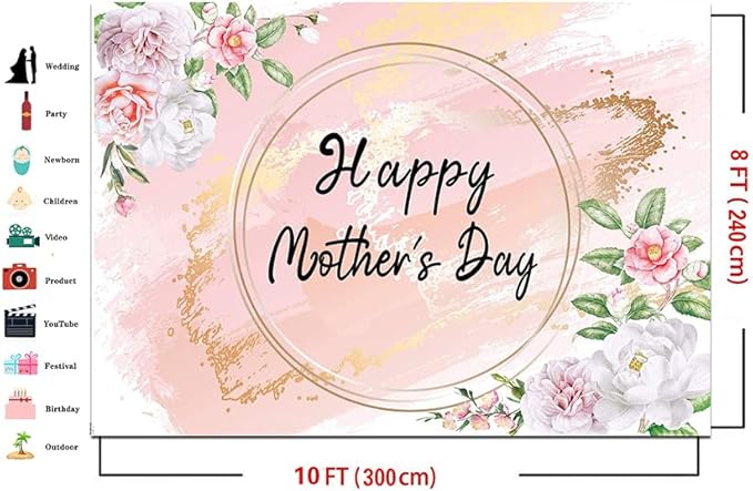 Dudaacvt 10x8ft Happy Mother's Day Backdrop Love Heart Photography Background Floral Mothers Day Birthday Photography Background for Mother's Day Photo Booth Props