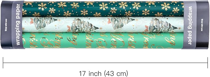 WRAPAHOLIC Christmas Wrapping Paper - 3 Rolls, 17 Inch X 120 Inch Each - Green Foil Christmas Tree, Snowflake Designs with Metallic Shine - Perfect for Christmas, Holiday
