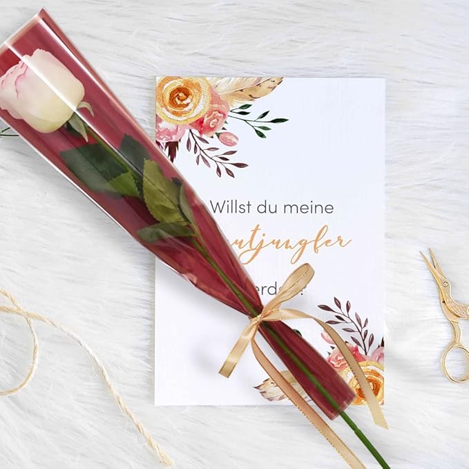 BEISHIDA 50 PCS Single Rose Sleeve Plastic Flower Wrapping Bags Cellophane Flower Sleeves for Florist Bouquet Supplies Mother's Day Valentine's Day (Red and Champagne)