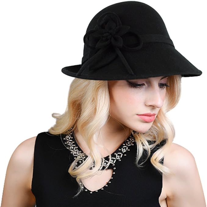 Bellady Women's Elegant Flower Wool Cloche Bucket Bowler Hat