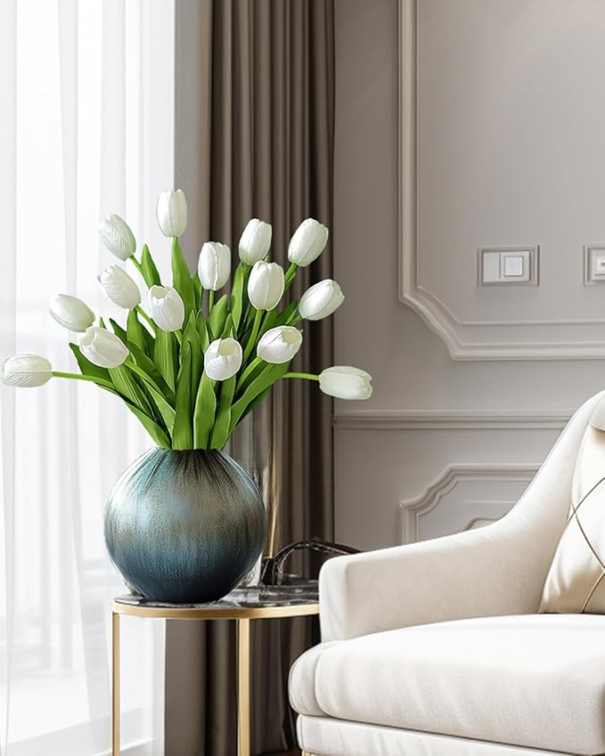 12pcs White Artificial Tulips Silk Faux Flowers Real Touch for Wedding Bouquet, Home Decor, Party Centerpiece, Table Decor, Mother's Day Easter Spring Gifts