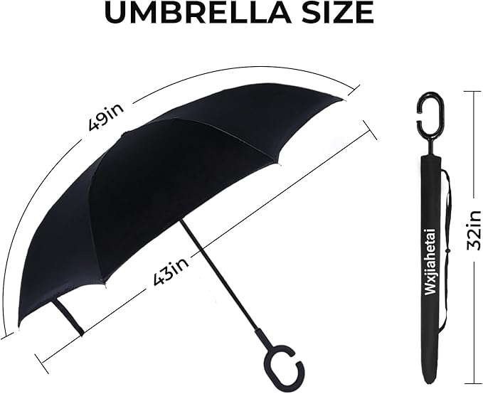 Inverted Umbrella, 49 Inch Double-Layer Vented Reverse Umbrella, Windproof Waterproof UV Protection, Lightweight C-Handle, Fiberglass Ribs, Steel Shaft, Travel/Commute/Car Use, With Sleeve