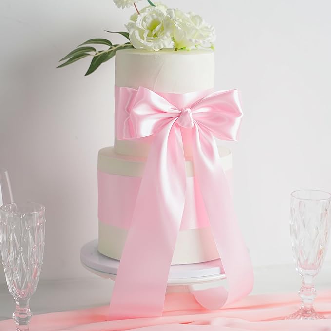 MEEDEE Pink Satin 3 Inch Ribbon Lux Double Faced Satin Ribbon by 10 Yards Pink Silk Ribbons Light Pink Wide Ribbons for Baby Shower, Christmas Tree Decoration, Flower Bouquet