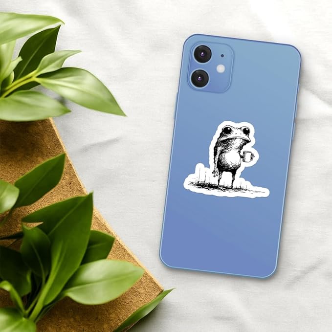HANDICHI Design 5-Pack 4 Inch Funny Coffee Frog Stickers – Grunge Meme Vinyl Decals – Tired Frog Holding Coffee Cup Aesthetic Sticker Pack for Laptops, Water Bottles, Journals, and Scrapbooks