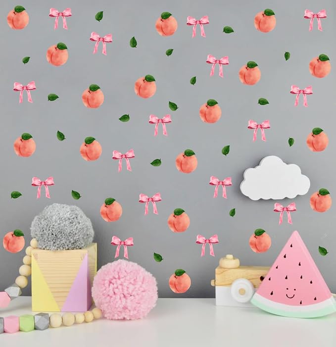 Watercolor Peach Wall Stickers, Peach with Pink Bow Vinyl Wall Decals, Removable Summer Fruit Wall Art for Girls Bedroom Kitchen Toddler Room Decor