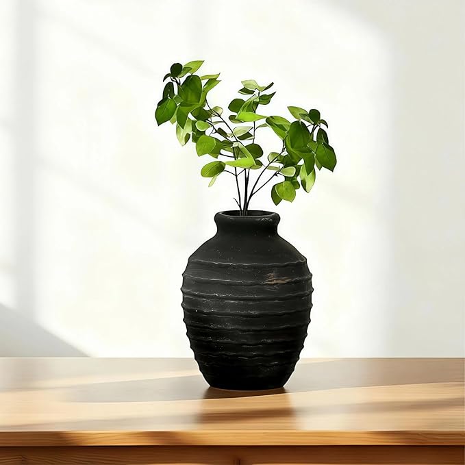 Ceramic Vase, 6.7 inch Ribbed Textured Minimalist Rustic Farmhouse Terracotta Vase for Home Decor, Table, Living Room, Entryway, Shelf, Mantel Decoration (Black)
