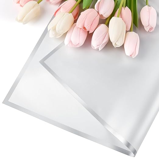 Jutieuo 20 Sheets Silver Flower Wrapping Paper, Waterproof Floral Wrap Silver Edge Bouquet Wrapping Paper Florist Supplies (22.8 x 22.8 inch)