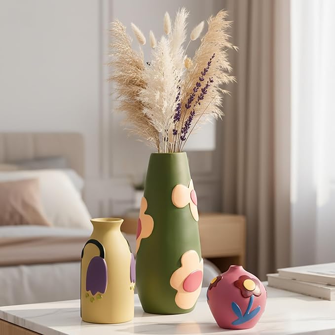 Vintage Ceramic Vase, Minimalist Texture Stone Patterned White Flower Vase, Decorative Vase for Living Room Shelf Farmhouse Dining Table Centerpiece Decor (Colorful Rustic-3 Pack)