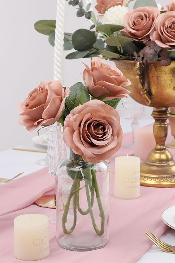 30pcs Roses Artificial Flowers Dusty Rose Fake Flowers with Long Stems Silk Flowers for Wedding Bouquet Centerpices Decorations Party Bridal Baby Shower Home Decor