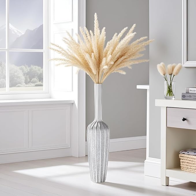 Elegant Silver Floor Vase - 23.62 Inch Tall Decorative Vase for Dried Flowers & Home Décor, Resin Tall Floor Vase, Silver Vases