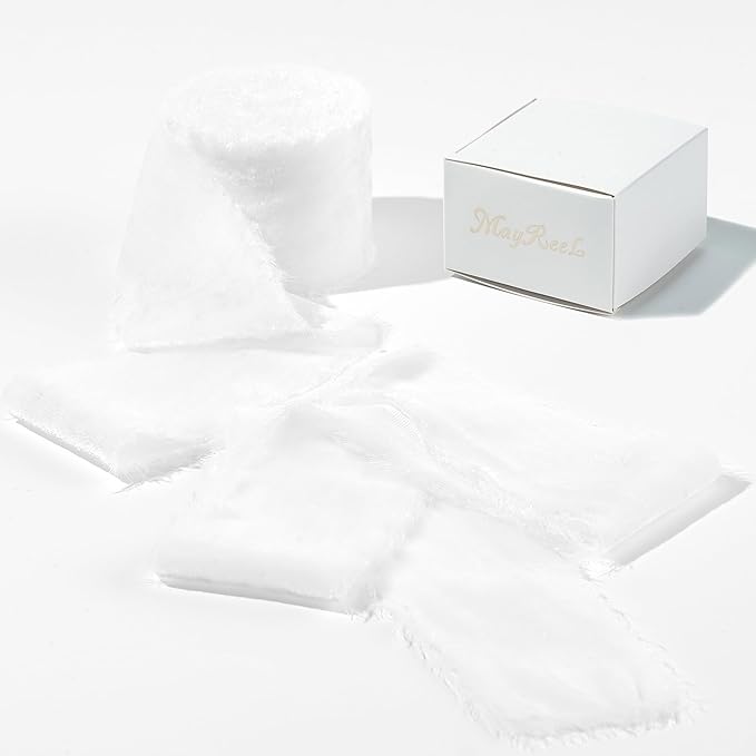 MAYREEL 2 Inch White Velvet Ribbon Hand Torn Snow White Silk Frayed Edge for Bridal Bouquets Invitations Wedding Vow Books Gift Baskets Hair Bows 3 Yards
