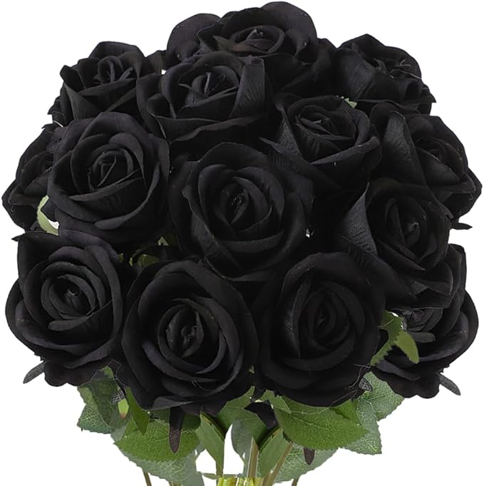 Jasion 12PCS Artificial Roses Realistic Velvet Silk Flowers Long Stem Faux Flowers Bouquet for Wedding Home Party Table Centerpieces Decorations (Black)