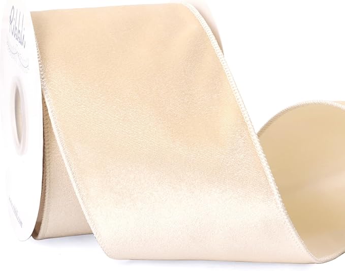 Ribbli Ivory Velvet Wired Ribbon 4 Inch Velvet with Satin Christmas Ribbon for Gift Wrapping Christmas Tree Decoration Crafts Wreaths Supplies-Continuous 10 Yards