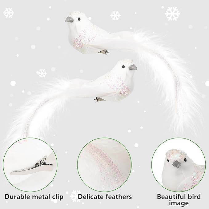 Cosweet 12 Pcs Artificial Christmas Dove Birds with Clip, White Feather Xmas Tree Ornament Wreath Flower Arrangement Supplies for Party Wedding Decor DIY Craft Gifts