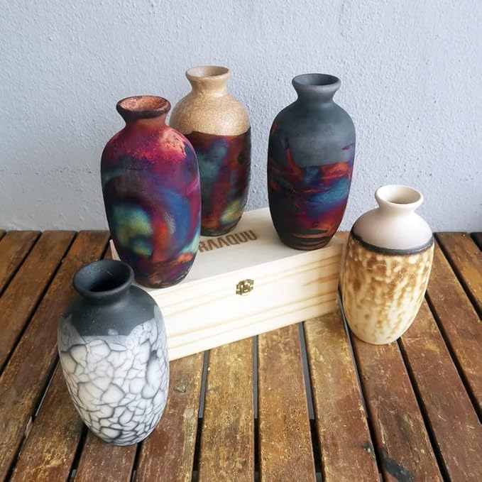 RAAQUU Koban 7 inch Raku Ceramic Pottery Vase with Gift Box Corporate Gift in a Pine Box -Personalized Rustic Boho Handmade Gift in Carbon Half Copper Matte