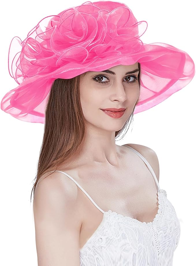 Organza Derby Hats for Women Wide Brim Fascinator Hat Rose Flower Wedding Tea Party Hat