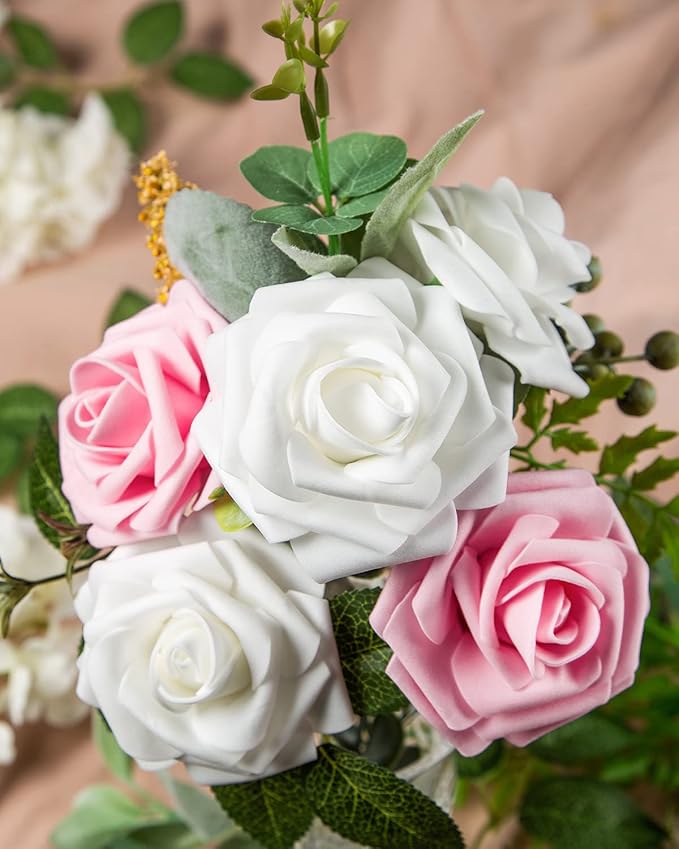 DuHouse 25Pcs Artificial Roses Flowers Fake Roses with Stems Real Touch Foam Flowers for DIY Wedding Bouquet Baby Shower Centerpiece Floral Arrangement Party Home Decor(White)