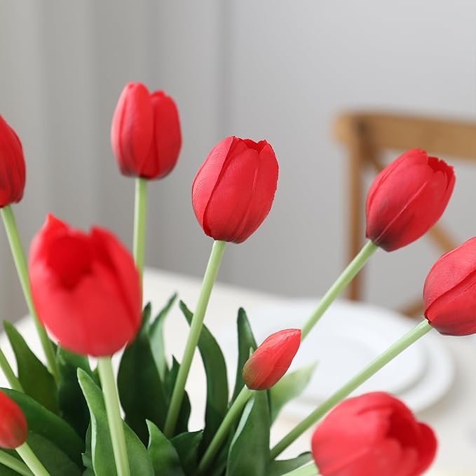 15 Pcs Red Artificial Flowers Tulips Real Touch Latex Plastic Soft Faux Bouquets for Party, Wedding, Home, Room, Garden Decor