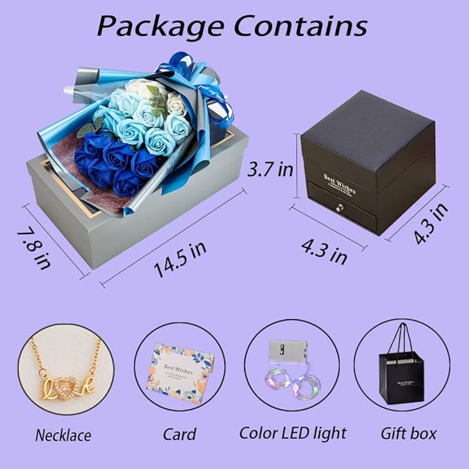 EIGHTOWN Roses Bouquet Artificial Flower - Preserved Blue Rose Flowers with Love Necklace for Her - Unique Gifts Valentine's Day, Mother's Day, Thanksgiving, Birthday, Anniversary
