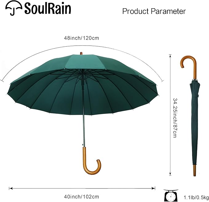 SoulRain 16 Ribs 48" Stick Umbrella Auto Open Solid Color Fashionable and Simple，Arc Classic Wood Handle，Windproof Unbreakable Stick Rain Umbrella