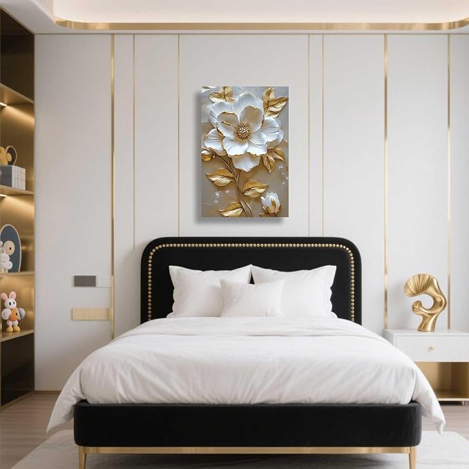 ZSHARTSWD Abstract White & Gold Floral Canvas Wall Art Elegant Flowers Pictures Prints White Flower Golden Leaves Painting Living Room Bathroom Decor Framed (Beige, 18L x 12W)