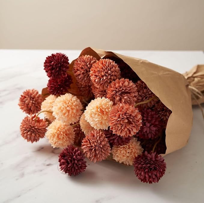 RyddeligHome Fall Flowers, Burnt Orange Faux Kiku Flowers Artificial 10 Stems + Eucalyptus, Fake Red Orange Mums Floral Centerpiece, Terracotta Mini Balls Faux Stems for Vase, Decoración de Otoño