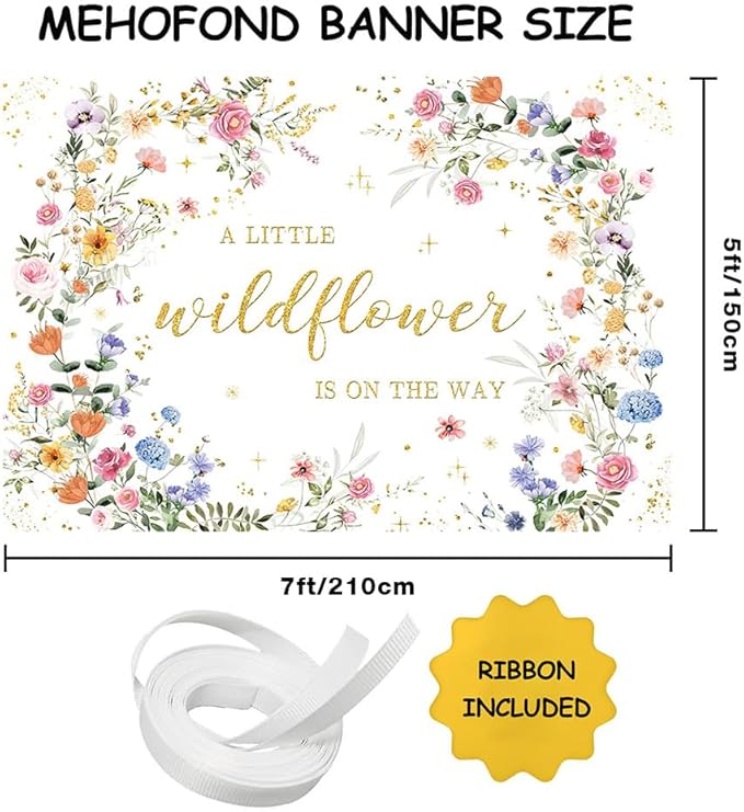 MEHOFOND 7x5ft Wildflower Baby Shower Decorations Banner A Little Wildflower is On The Way Baby Shower Backdrop Floral Theme Baby Girls' New Born Photoshoot Background