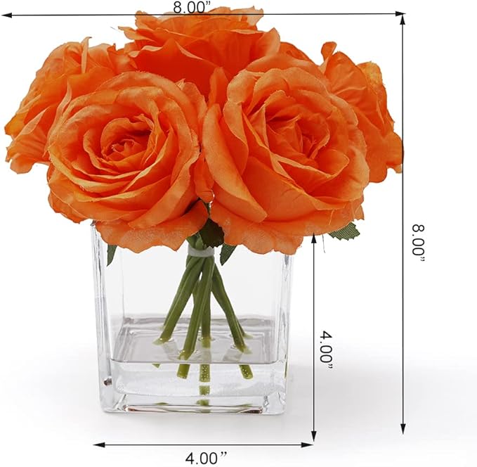 Silk Rose Artificial Flowers in Vase, Faux Floral Arrangement with Fake Water in Vase for Home Decor, Wedding Table (Orange)