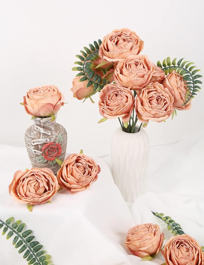 IPOPU Fake Flowers for Decoration 25pcs Silk Roses Artificial Flower Heads for Vintage Flower Decorations Fake Flower Heads for Crafts Dining Table Decor Floral Centerpieces (Coffee)