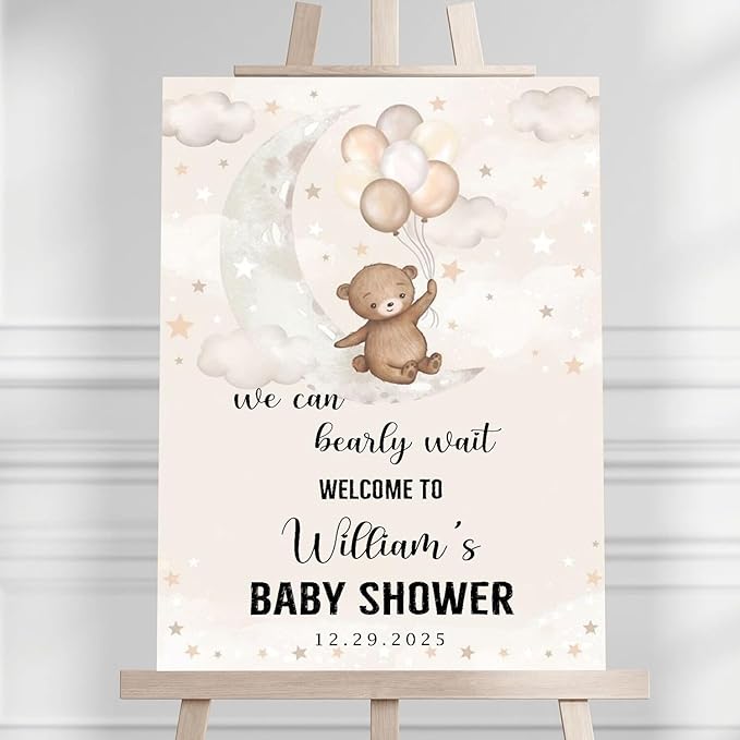 Personalized Baby Shower Welcome Sign Outdoor, We Can Bearly Wait Welcome Sign, Baby Shower Decorations For Boy Girl Cloud Balloon Theme, 1st Birthday Party Sign